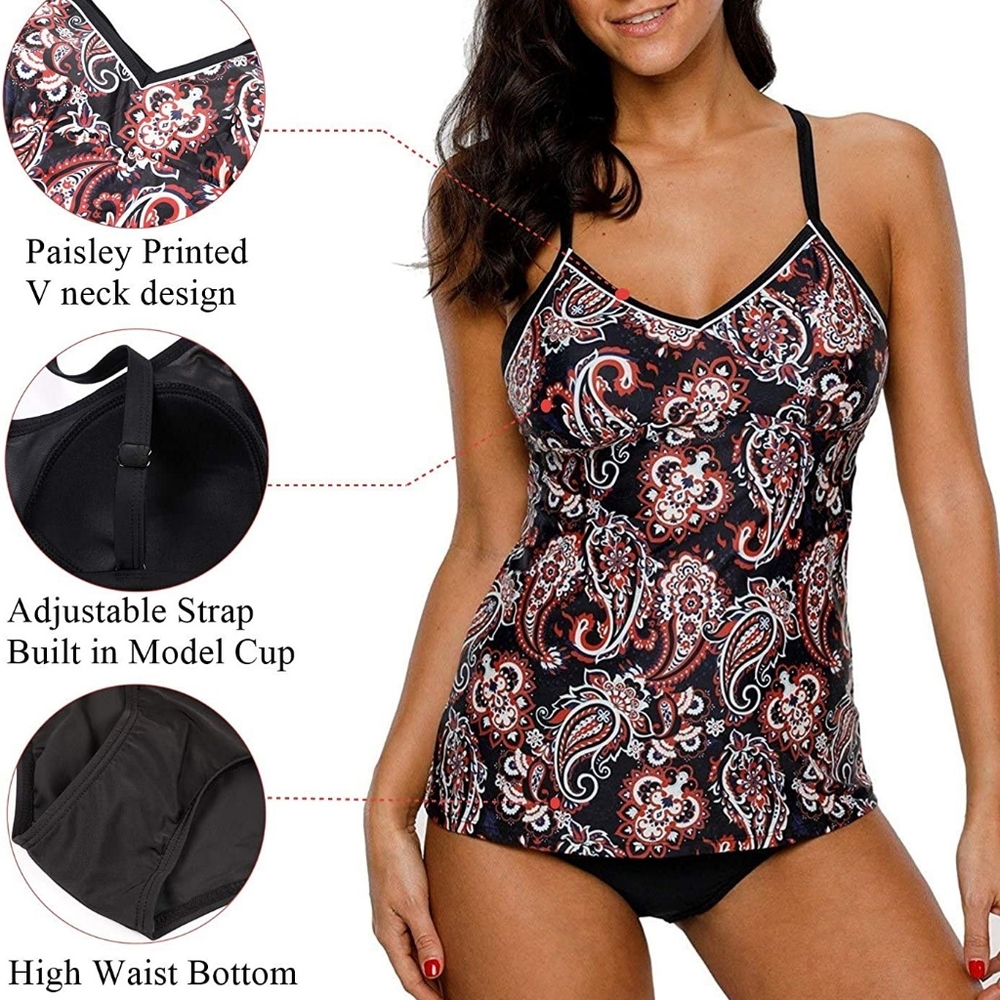 NWT Paisley Tankini Swimsuit Cross-Back Two Piece Bathing Suits Tribal Swimwear